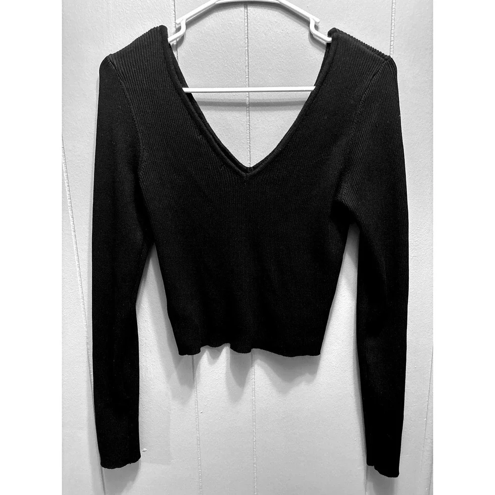 Forever 21 Womens Black Ribbed Knit Double V-Neck Long Sleeve Crop Top XL